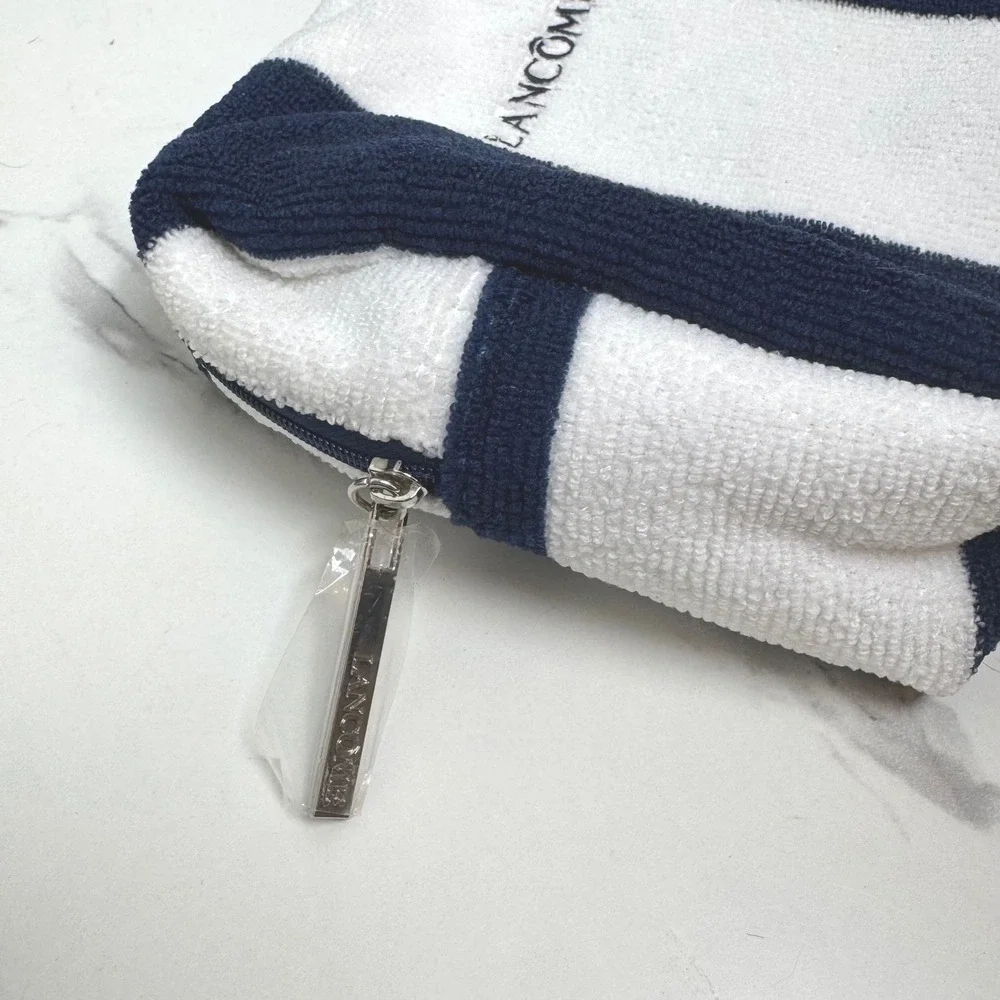 Lancome‎ Terry Cloth Cosmetic Bag Blue White Striped Makeup Pouch
